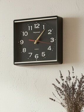 MCM Wall Clock Square Wedge Brown Plastic Frame & Face Silver Dial Brass Hands